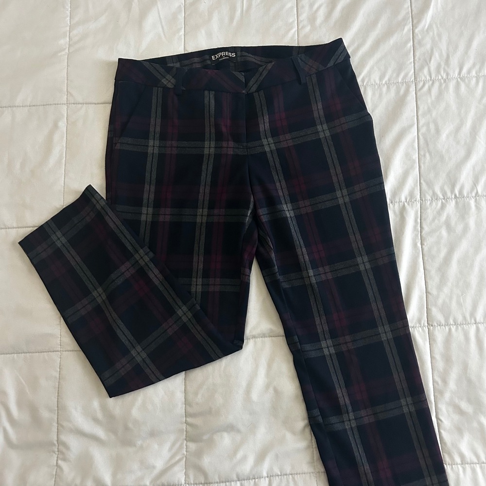 Express Plaid Dress Pants W 10R Navy Burgundy Straight Leg Skater Grunge Punk